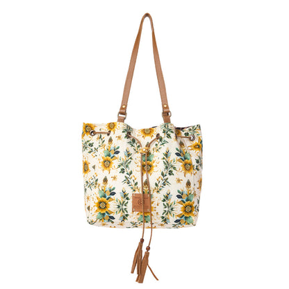 Myra Southern Bloom Cotton & Leather Bucket Bag in Chestnut Beige Myra USA