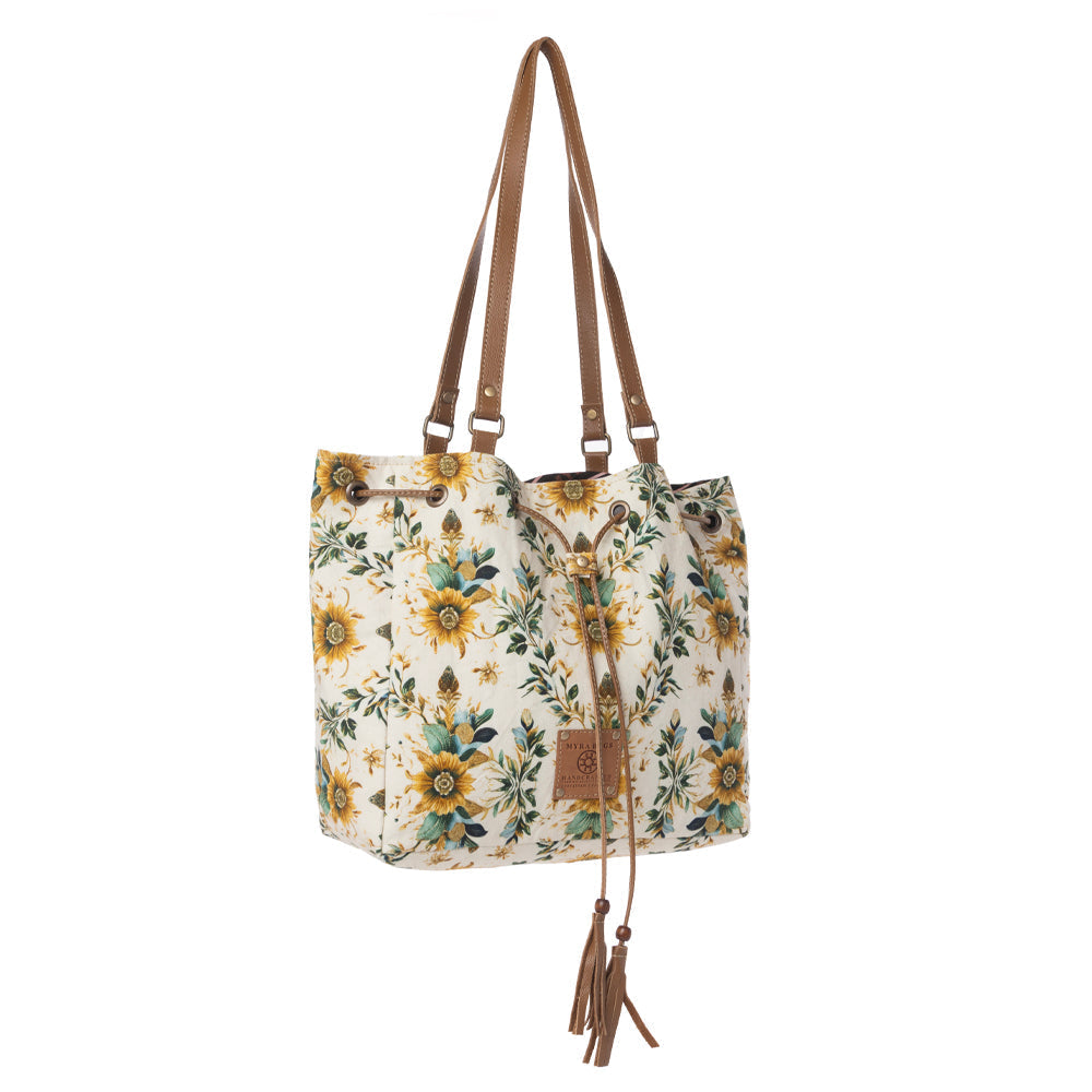 Myra Southern Bloom Cotton & Leather Bucket Bag in Chestnut Beige Myra USA