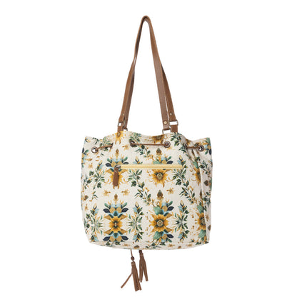 Myra Southern Bloom Cotton & Leather Bucket Bag in Chestnut Beige Myra USA