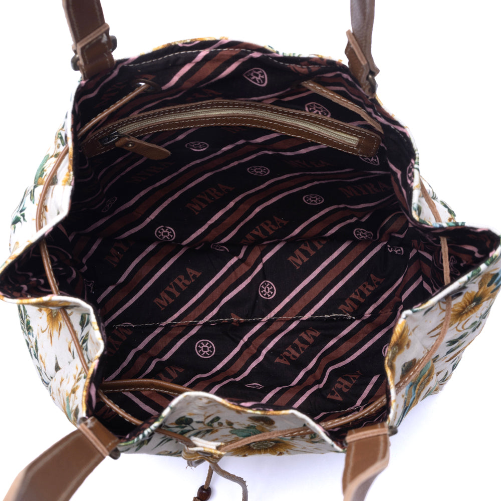Myra Southern Bloom Cotton & Leather Bucket Bag in Chestnut Beige Myra USA