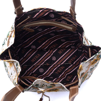 Myra Southern Bloom Cotton & Leather Bucket Bag in Chestnut Beige Myra USA