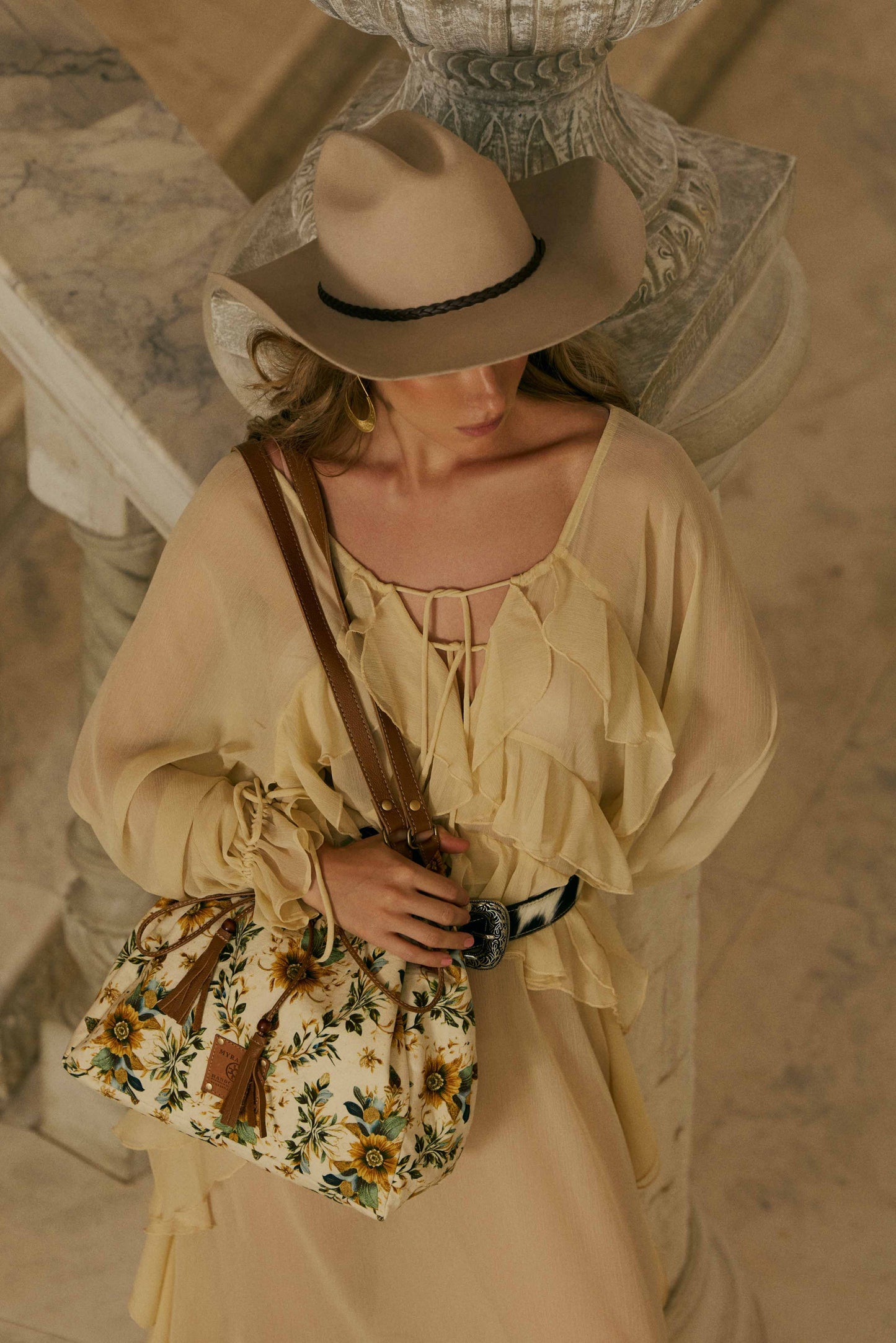 Myra Southern Bloom Cotton & Leather Bucket Bag in Chestnut Beige Myra USA