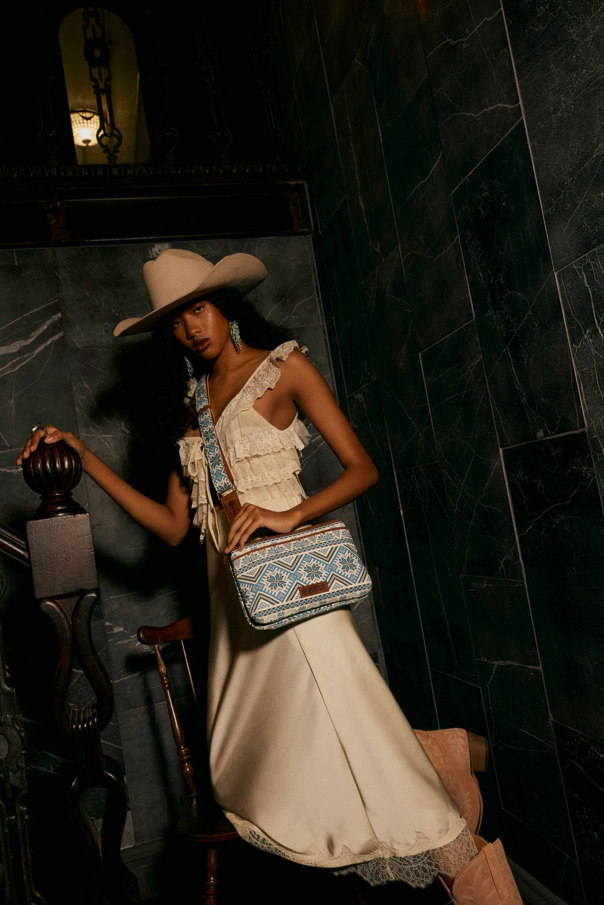 Myra Tribal Hollow Cotton & Leather Crossbody Bag in Indigo Frost Myra USA