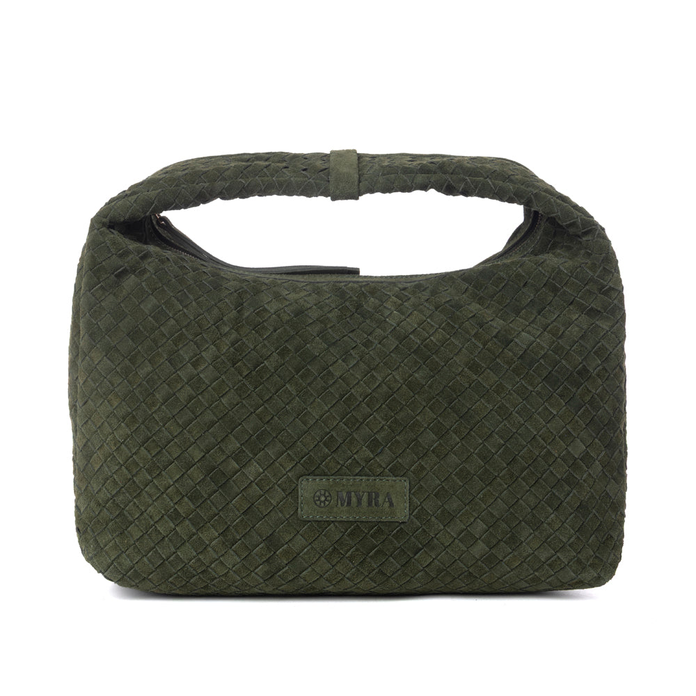 Myra Saddle Weave Genuine Suede Leather Bag in Olive Moss Myra USA