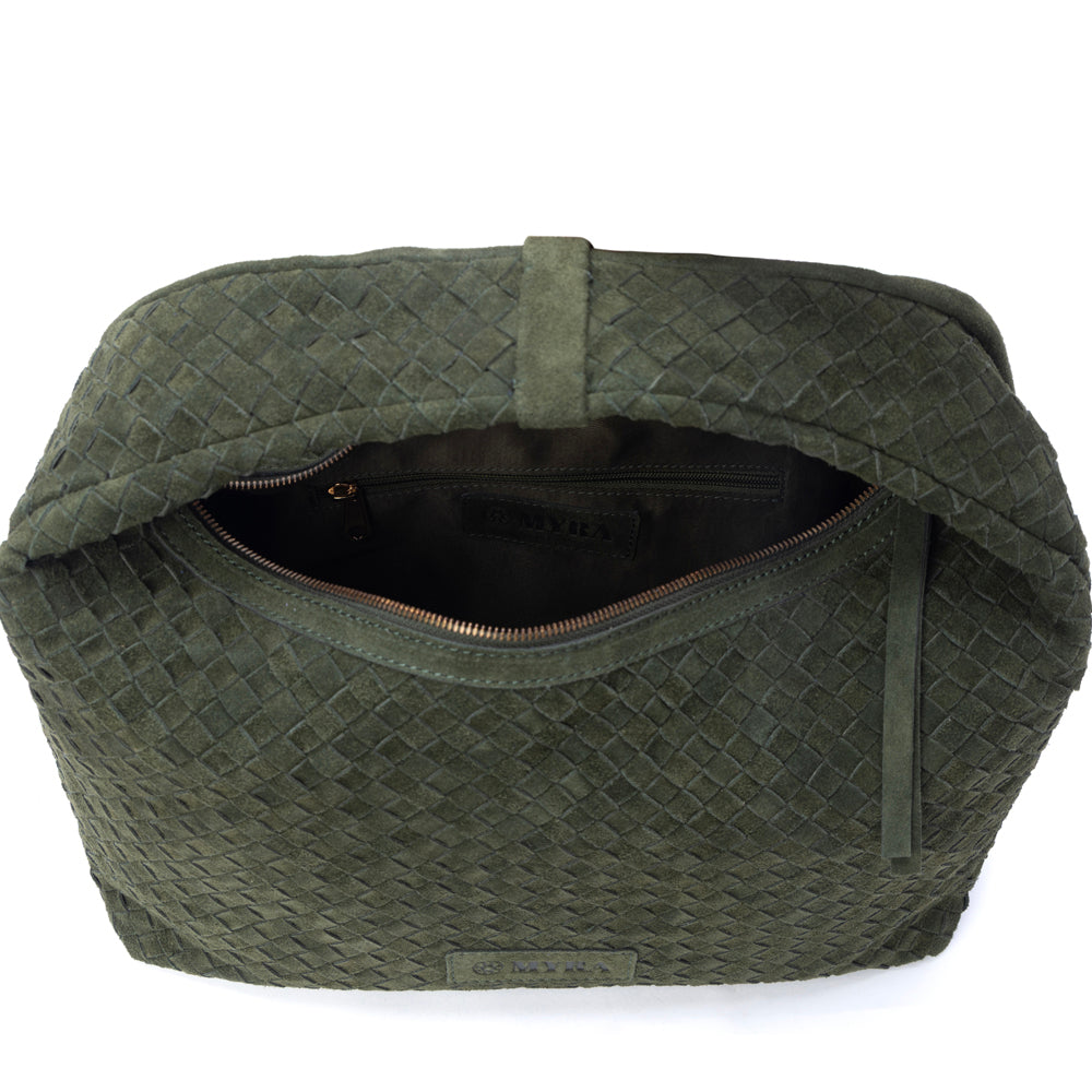 Myra Saddle Weave Genuine Suede Leather Bag in Olive Moss Myra USA