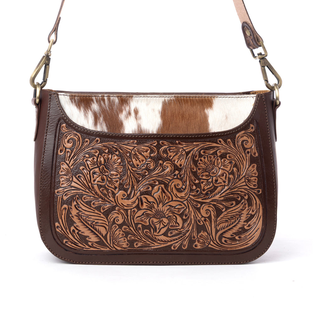 Myra Copper Crest Handtooled Hairon Leather Clutch in Saddle Walnut Myra USA