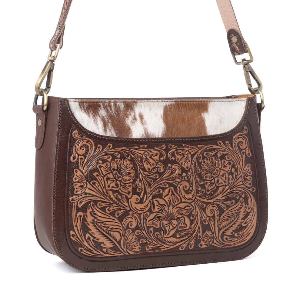 Myra Copper Crest Handtooled Hairon Leather Clutch in Saddle Walnut Myra USA
