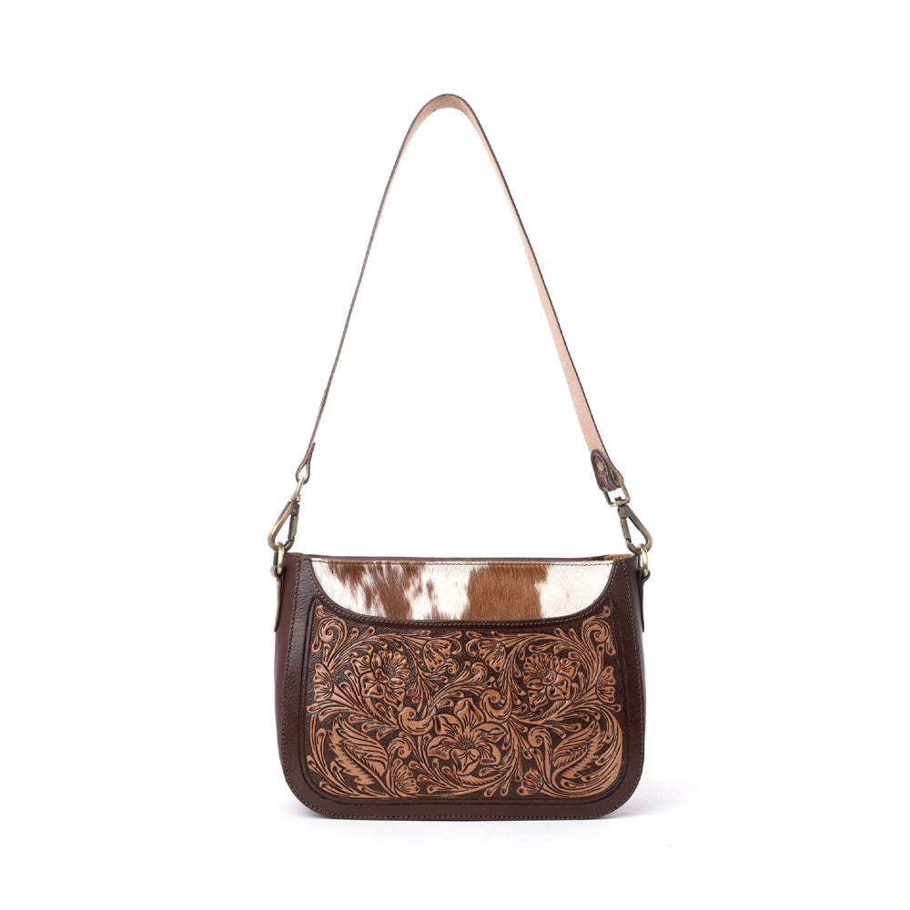 Myra Copper Crest Handtooled Hairon Leather Clutch in Saddle Walnut Myra USA