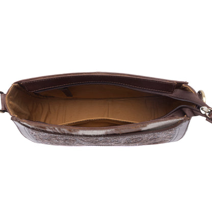 Myra Copper Crest Handtooled Hairon Leather Clutch in Saddle Walnut Myra USA