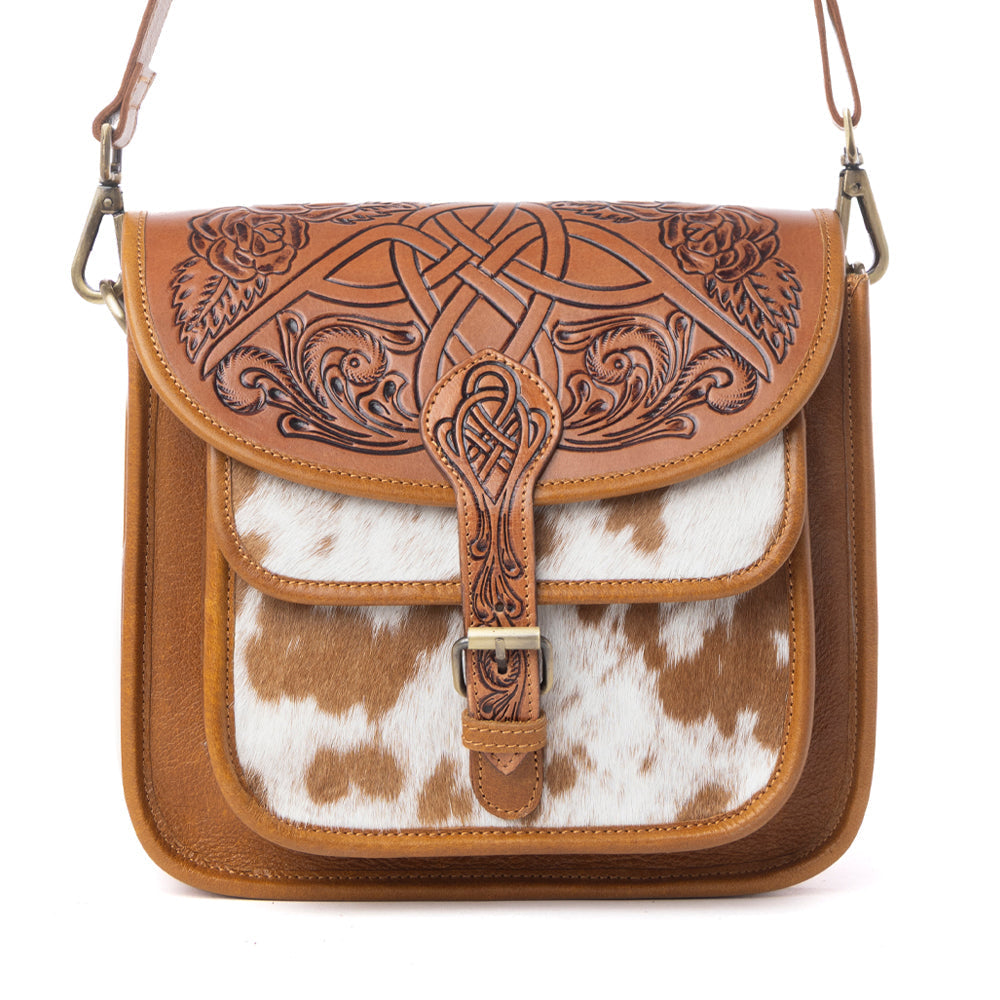 Myra Cedar Range Handtooled Hairon Buckle Leather Bag in Chestnut Ivory Myra USA