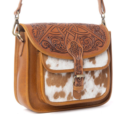 Myra Cedar Range Handtooled Hairon Buckle Leather Bag in Chestnut Ivory Myra USA