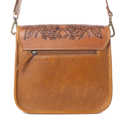 Myra Cedar Range Handtooled Hairon Buckle Leather Bag in Chestnut Ivory Myra USA