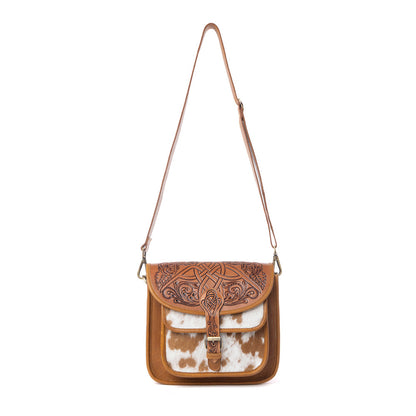 Myra Cedar Range Handtooled Hairon Buckle Leather Bag in Chestnut Ivory Myra USA