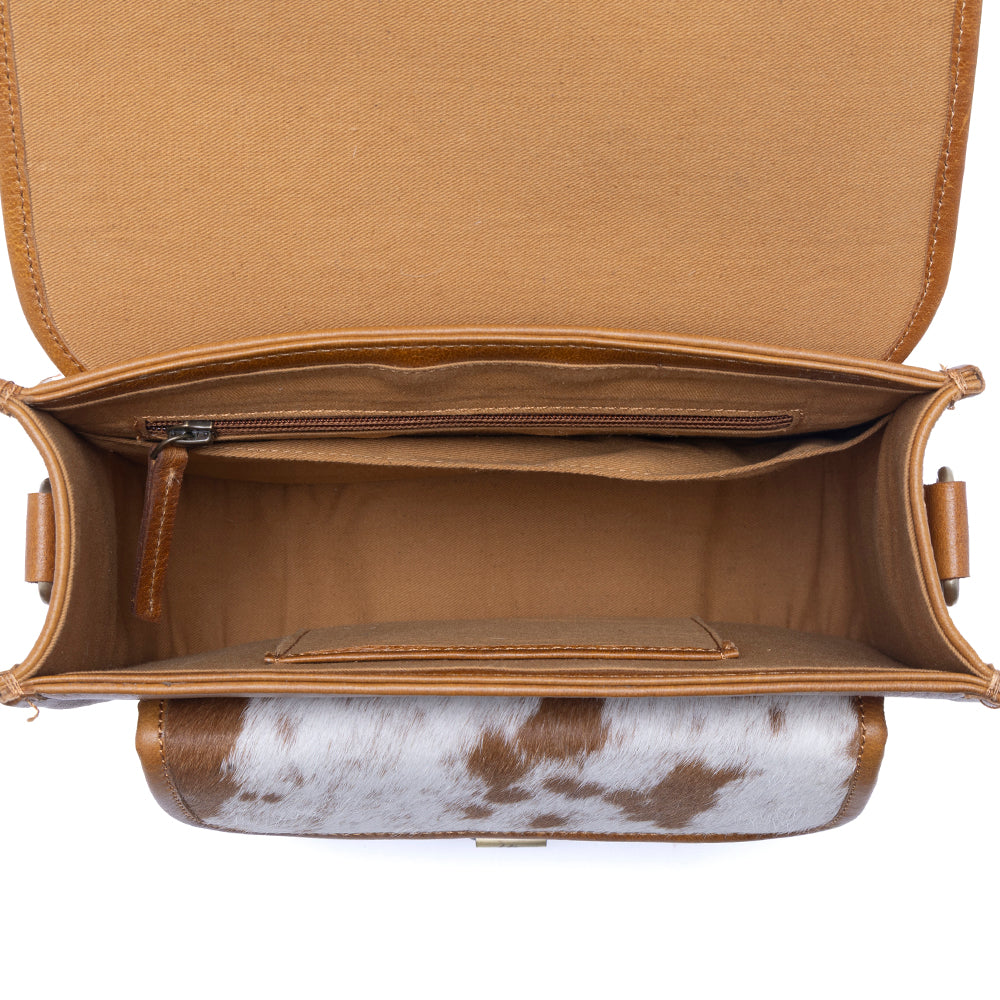 Myra Cedar Range Handtooled Hairon Buckle Leather Bag in Chestnut Ivory Myra USA