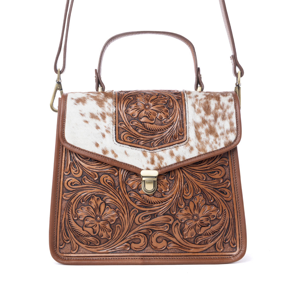 Myra Duchess Hairon Handtooled Flap and Button Leather Satchel in Mocha Cream Myra USA