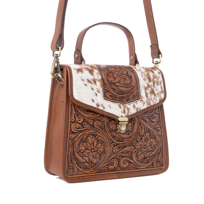 Myra Duchess Hairon Handtooled Flap and Button Leather Satchel in Mocha Cream Myra USA