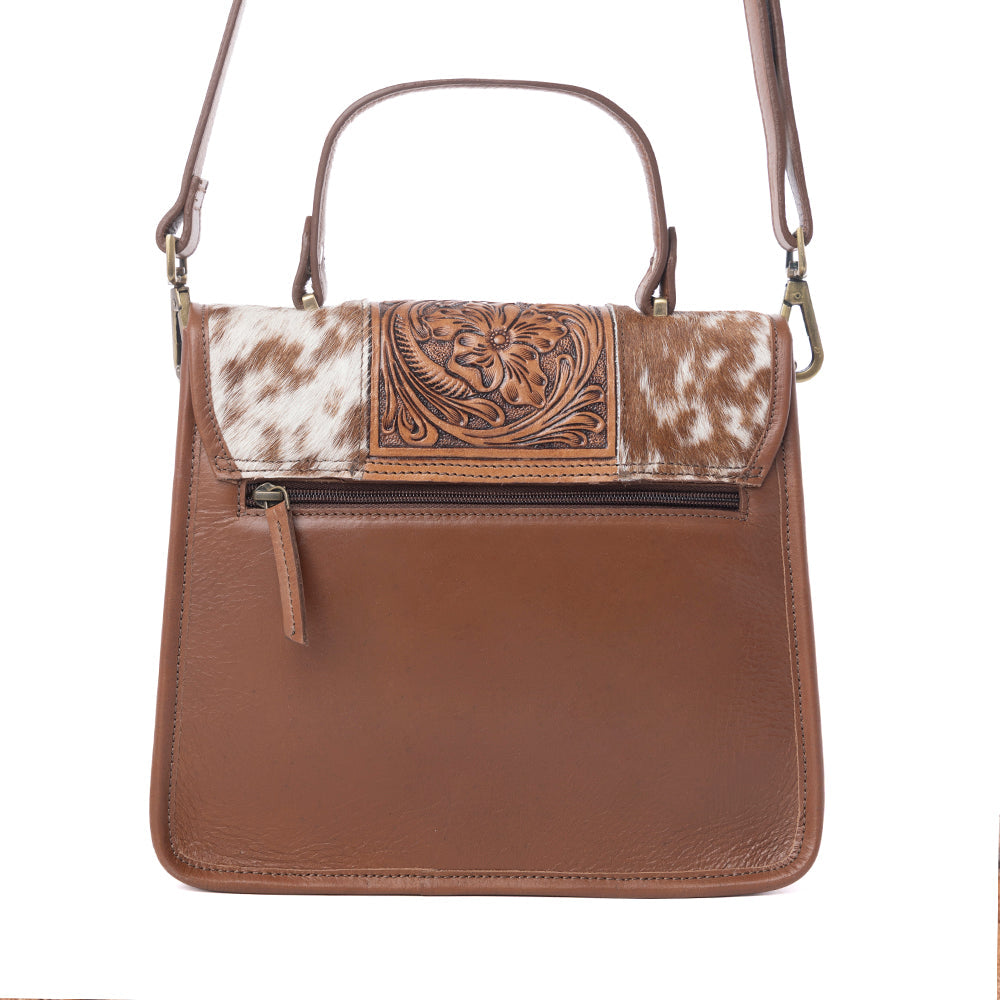 Myra Duchess Hairon Handtooled Flap and Button Leather Satchel in Mocha Cream Myra USA