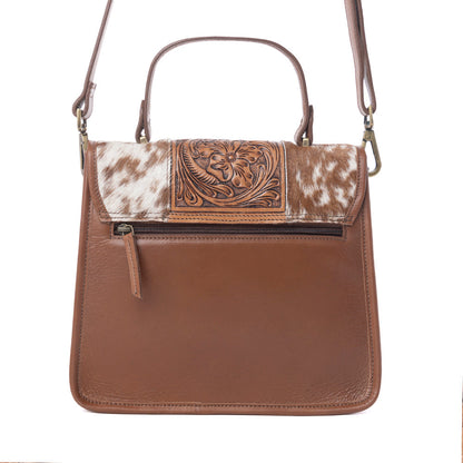 Myra Duchess Hairon Handtooled Flap and Button Leather Satchel in Mocha Cream Myra USA