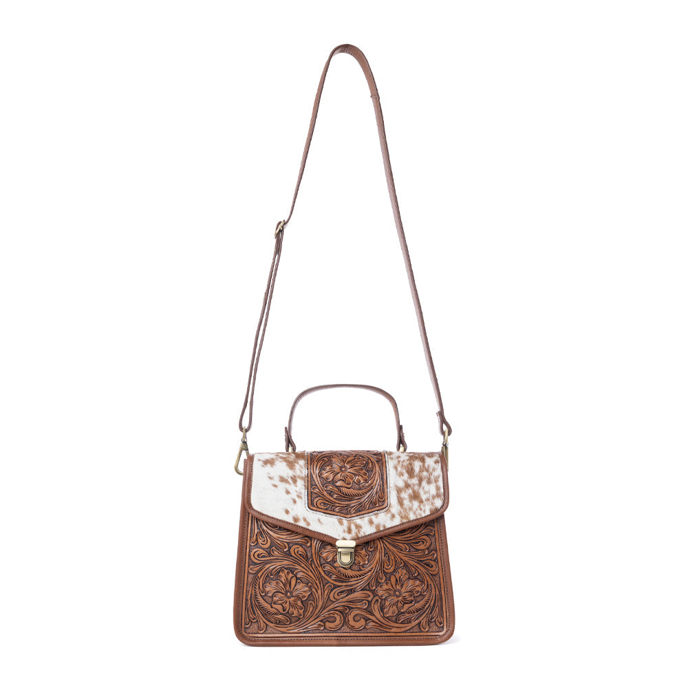 Myra Duchess Hairon Handtooled Flap and Button Leather Satchel in Mocha Cream Myra USA