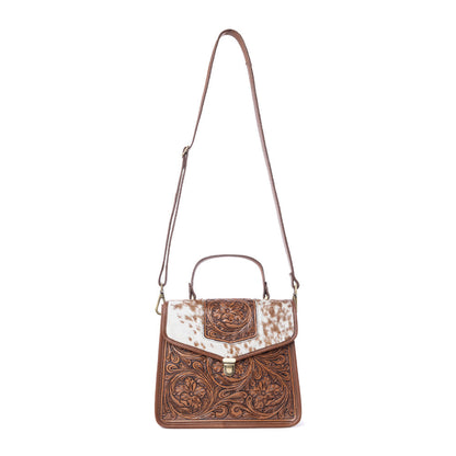 Myra Duchess Hairon Handtooled Flap and Button Leather Satchel in Mocha Cream Myra USA