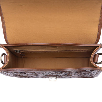 Myra Duchess Hairon Handtooled Flap and Button Leather Satchel in Mocha Cream Myra USA