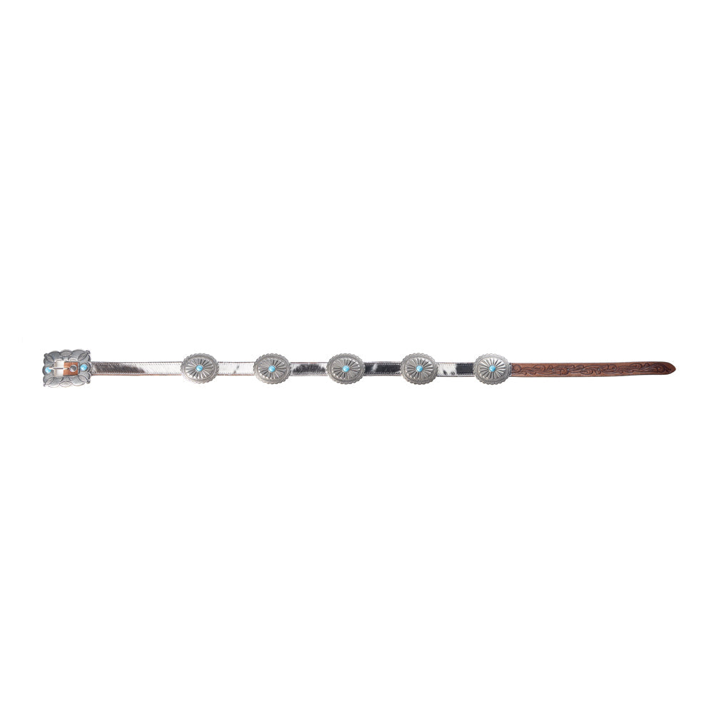 Myra Floracrest Hairon Concho Belt for Women with Handtooling and Turquoise Stone Buckle Myra USA