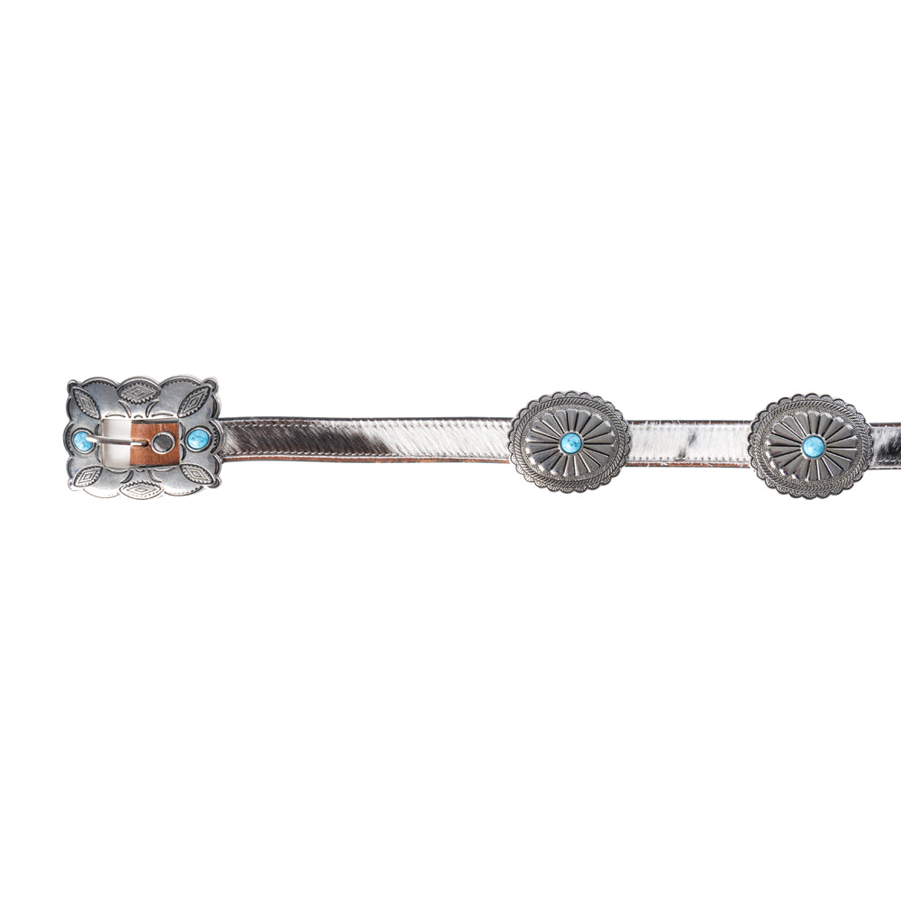 Myra Floracrest Hairon Concho Belt for Women with Handtooling and Turquoise Stone Buckle Myra USA