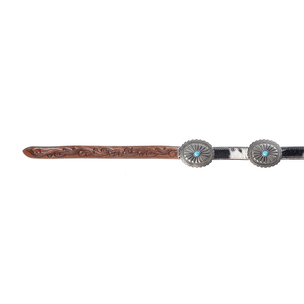 Myra Floracrest Hairon Concho Belt for Women with Handtooling and Turquoise Stone Buckle Myra USA