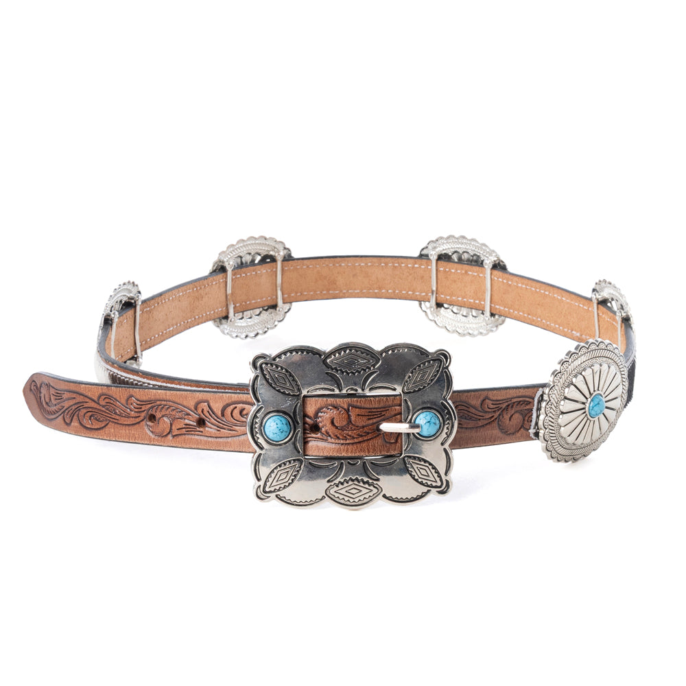 Myra Floracrest Hairon Concho Belt for Women with Handtooling and Turquoise Stone Buckle Myra USA