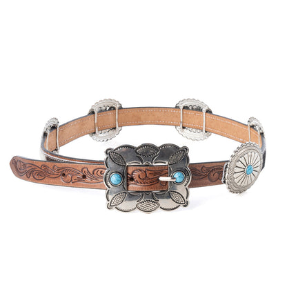 Myra Floracrest Hairon Concho Belt for Women with Handtooling and Turquoise Stone Buckle Myra USA