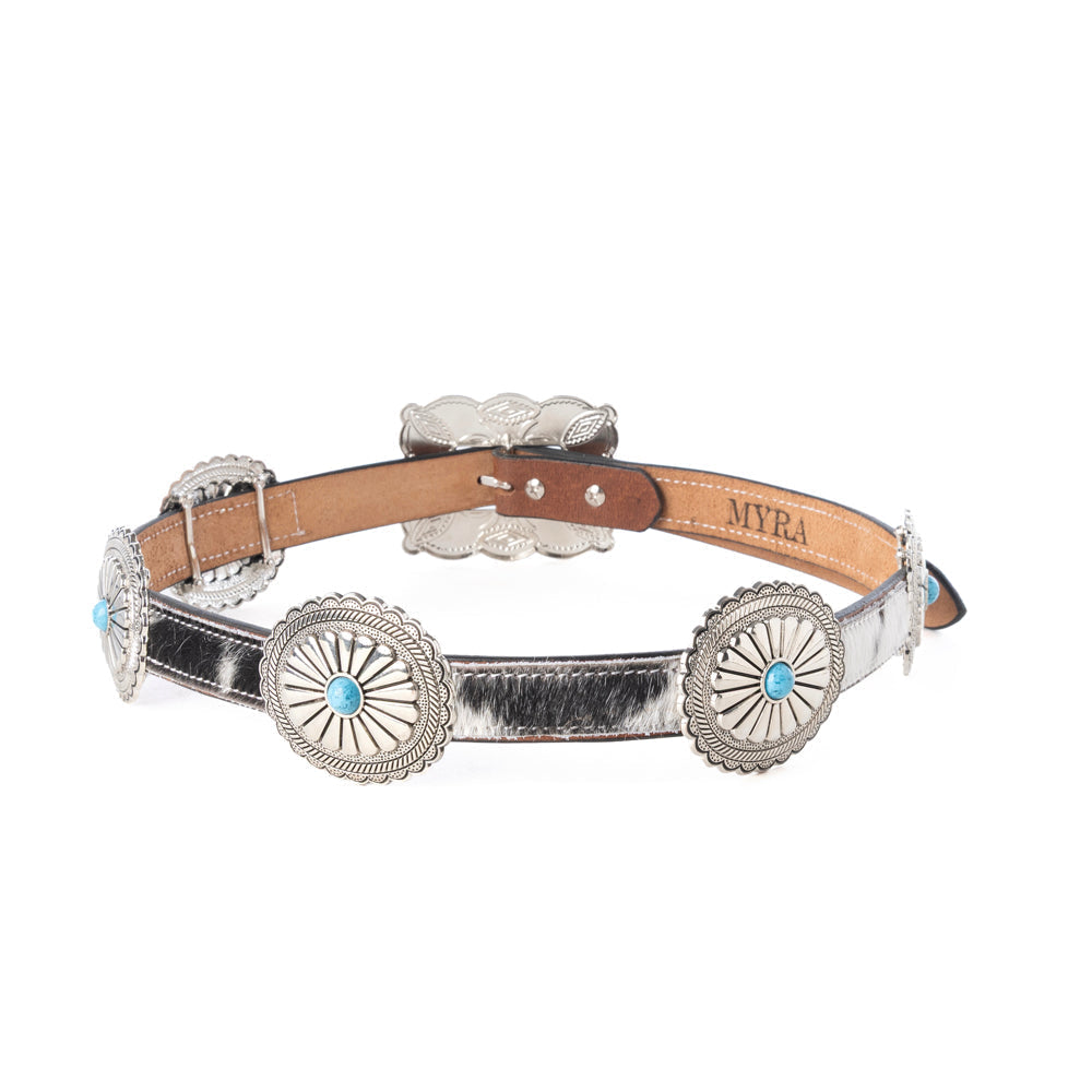 Myra Floracrest Hairon Concho Belt for Women with Handtooling and Turquoise Stone Buckle Myra USA