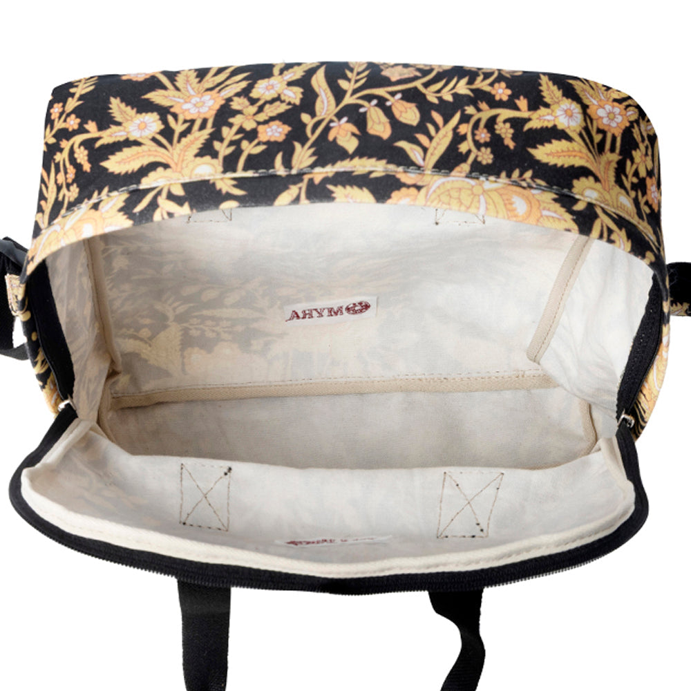 Myra Pine Meadow Cotton & Leather Crossbody Bag in Black & Cream Floral Myra USA