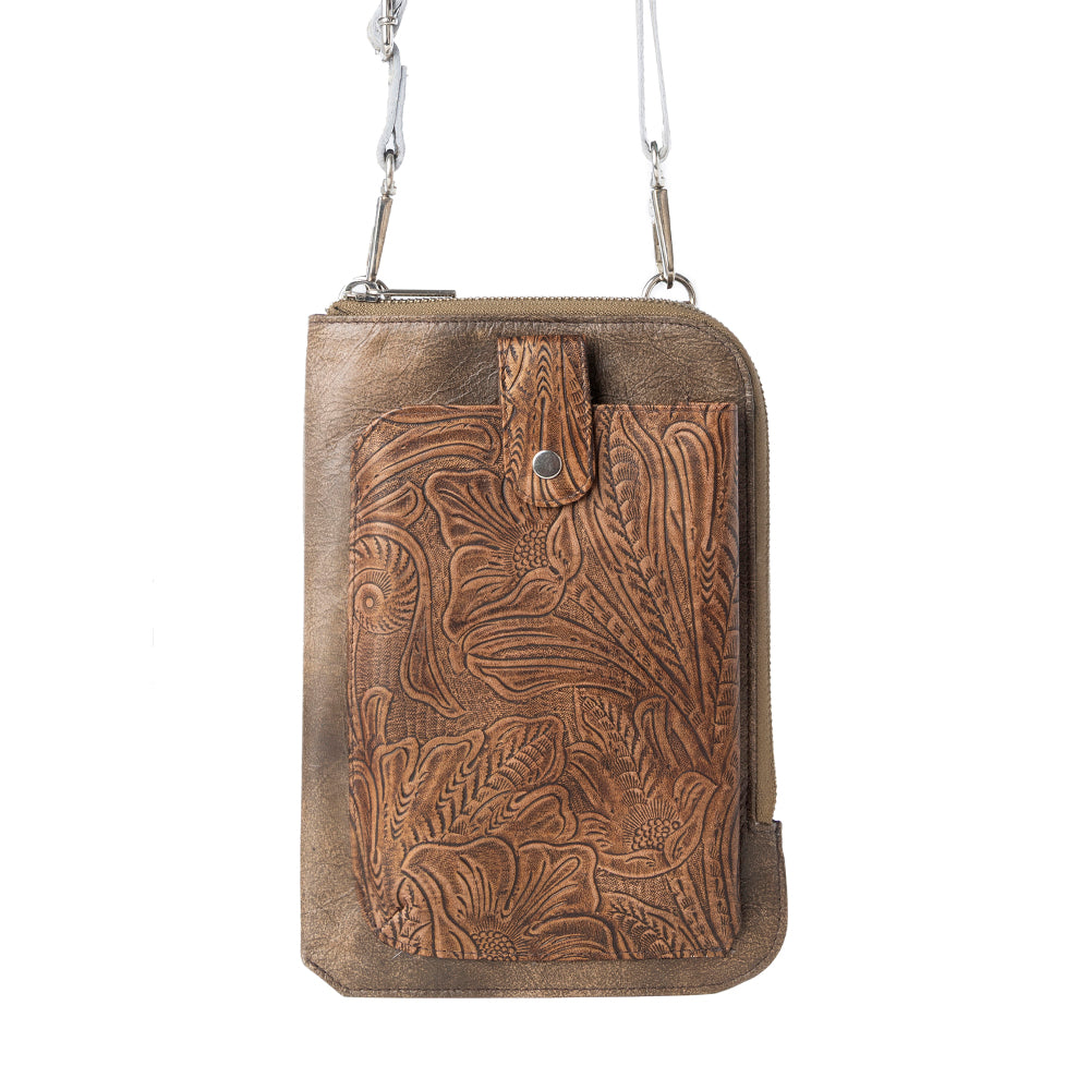 Myra Coyote Bloom Embossed mini sling for Women in walnut with floral detail Myra USA