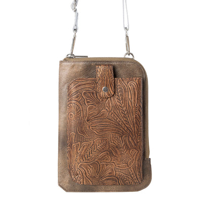 Myra Coyote Bloom Embossed mini sling for Women in walnut with floral detail Myra USA