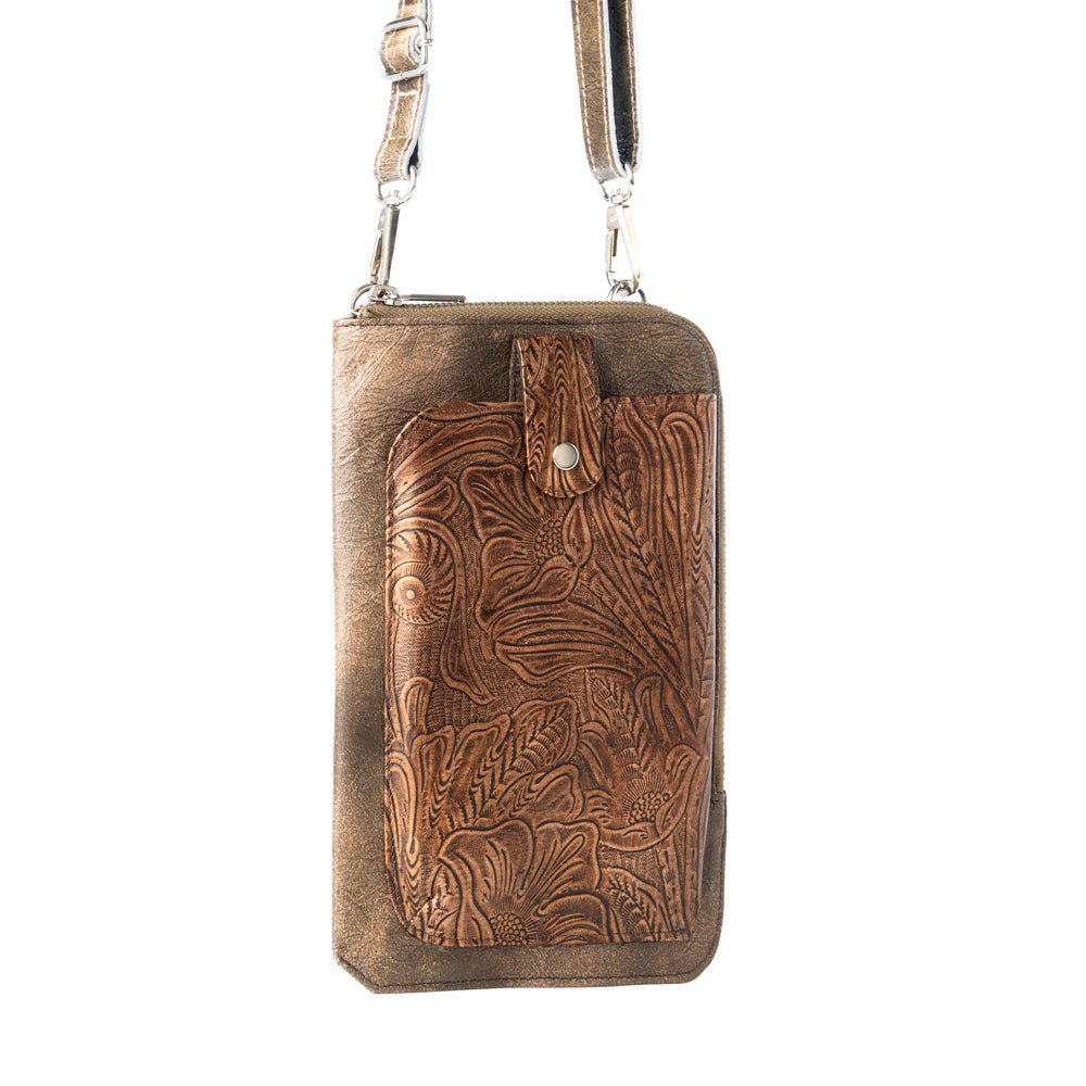 Myra Coyote Bloom Embossed mini sling for Women in walnut with floral detail Myra USA