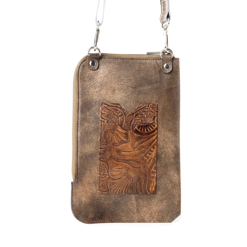 Myra Coyote Bloom Embossed mini sling for Women in walnut with floral detail Myra USA