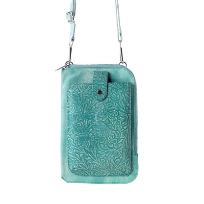 Myra Coyote Bloom Embossed mini sling for Women in aqua with floral detail Myra USA