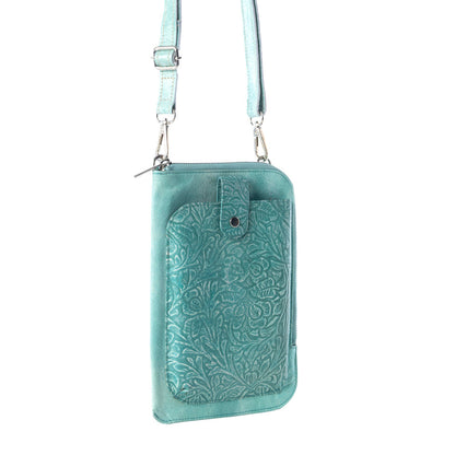 Myra Coyote Bloom Embossed mini sling for Women in aqua with floral detail Myra USA