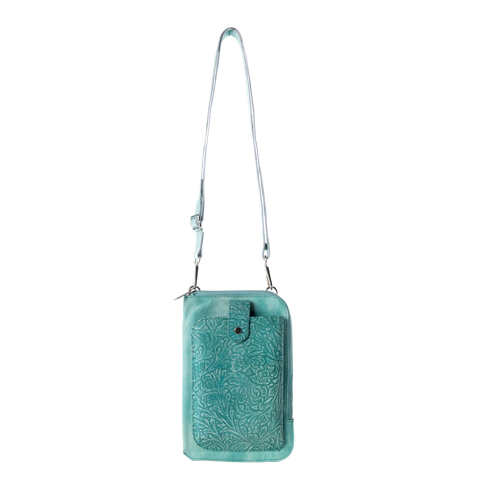 Myra Coyote Bloom Embossed mini sling for Women in aqua with floral detail Myra USA