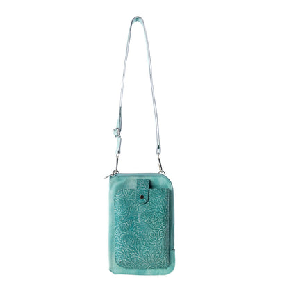 Myra Coyote Bloom Embossed mini sling for Women in aqua with floral detail Myra USA