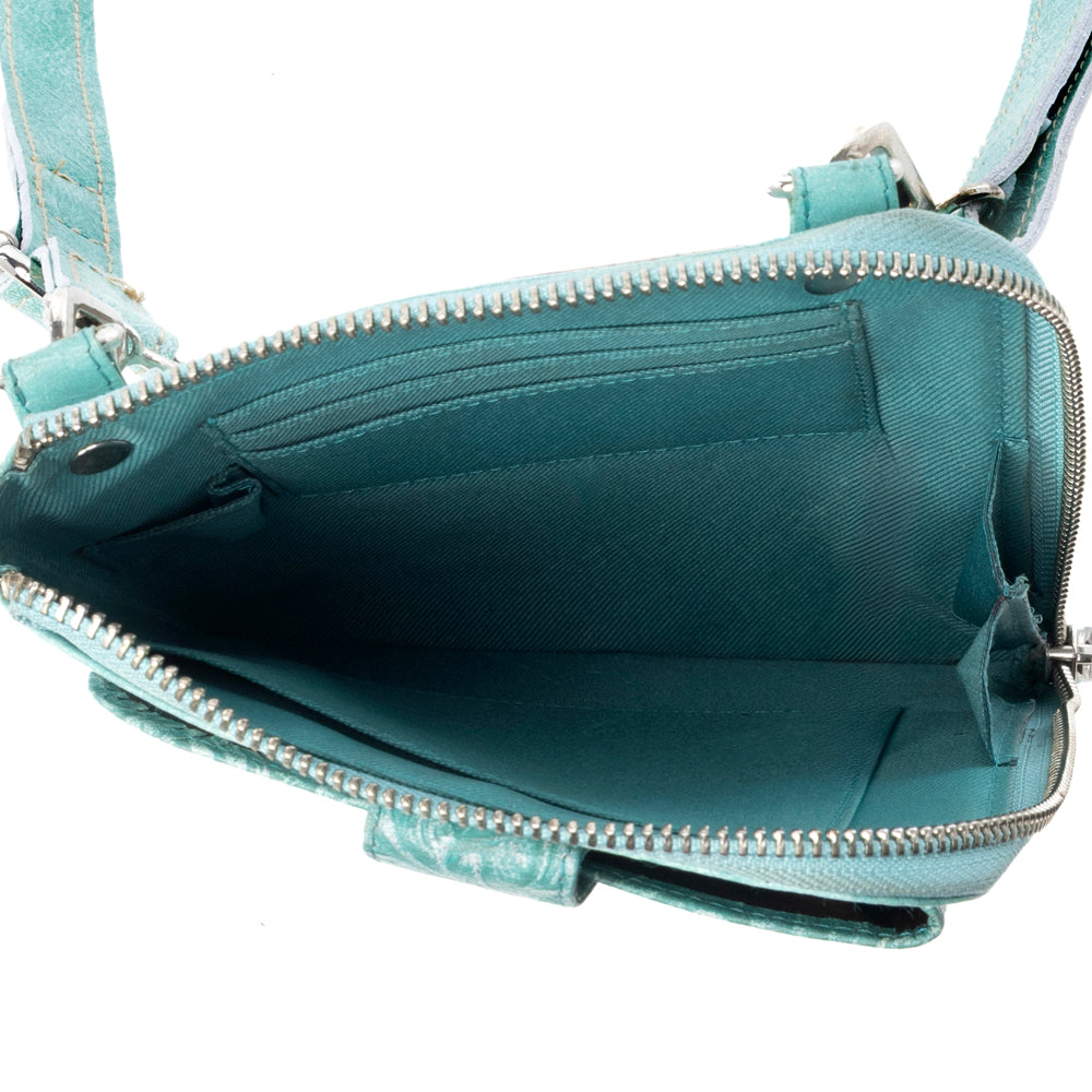 Myra Coyote Bloom Embossed mini sling for Women in aqua with floral detail Myra USA