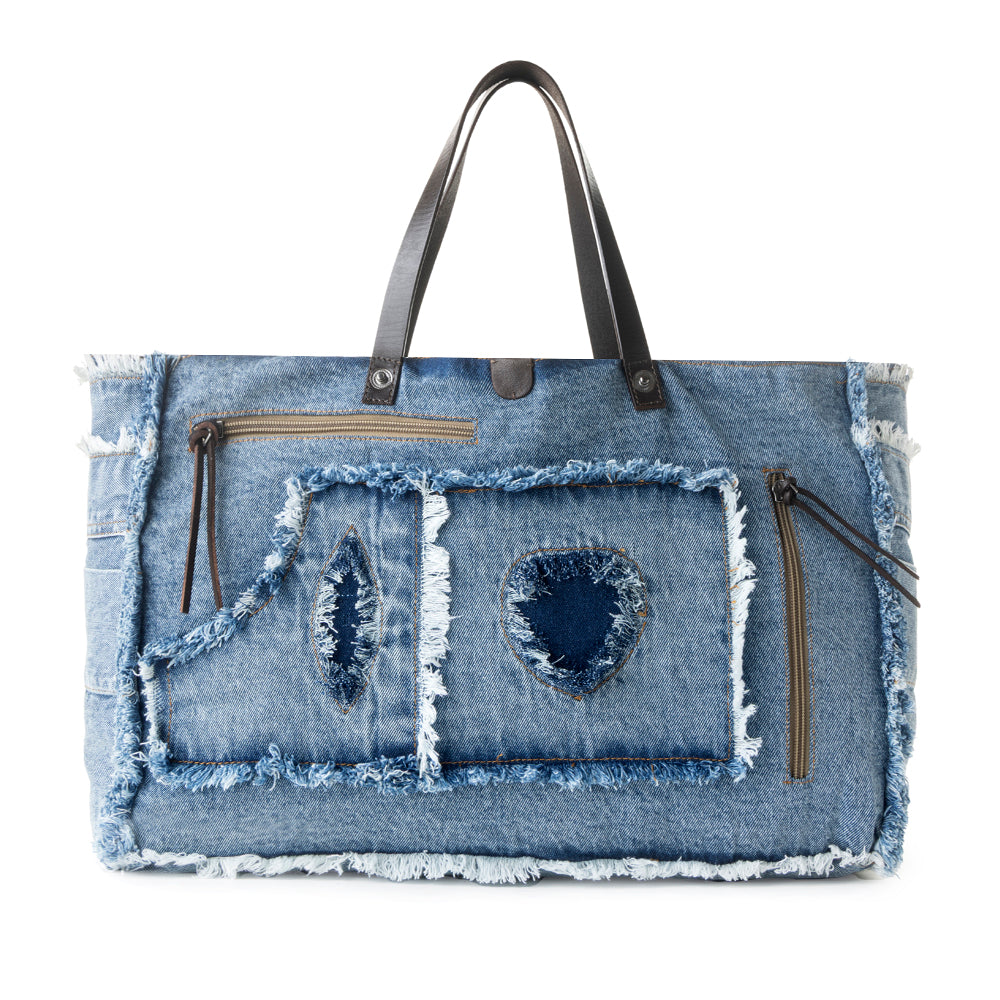 Myra Frayed Frontier Western denim Tote Bag for Women in denim blue with fringe detail Myra USA