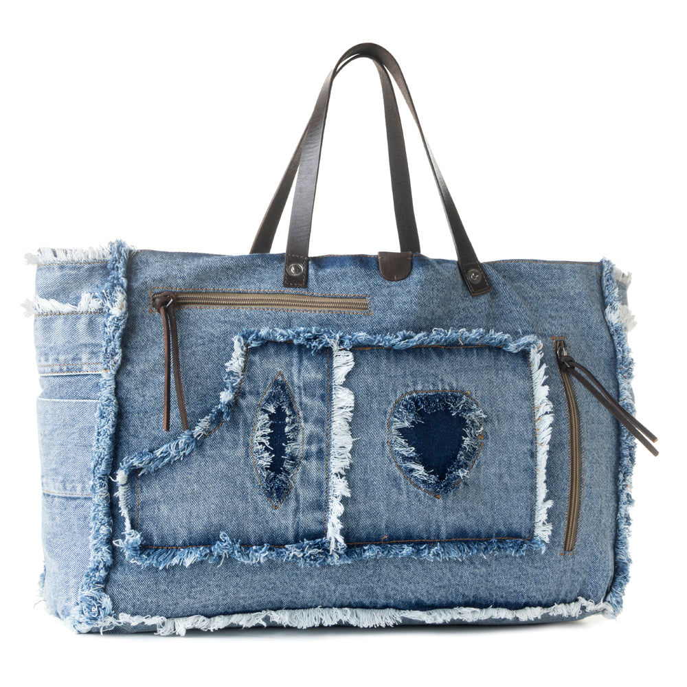 Myra Frayed Frontier Western denim Tote Bag for Women in denim blue with fringe detail Myra USA