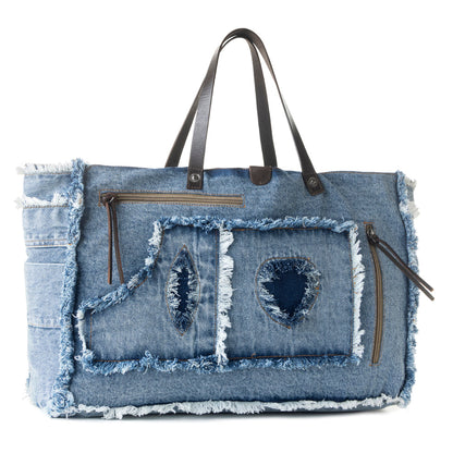 Myra Frayed Frontier Western denim Tote Bag for Women in denim blue with fringe detail Myra USA