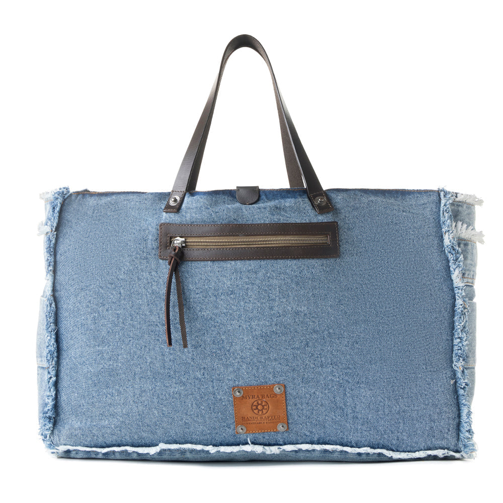 Myra Frayed Frontier Western denim Tote Bag for Women in denim blue with fringe detail Myra USA
