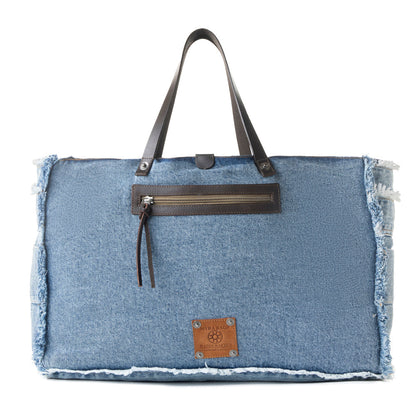 Myra Frayed Frontier Western denim Tote Bag for Women in denim blue with fringe detail Myra USA