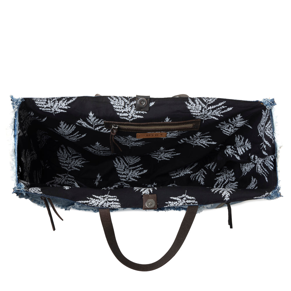 Myra Frayed Frontier Western denim Tote Bag for Women in denim blue with fringe detail Myra USA