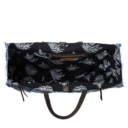 Myra Frayed Frontier Western denim Tote Bag for Women in denim blue with fringe detail Myra USA