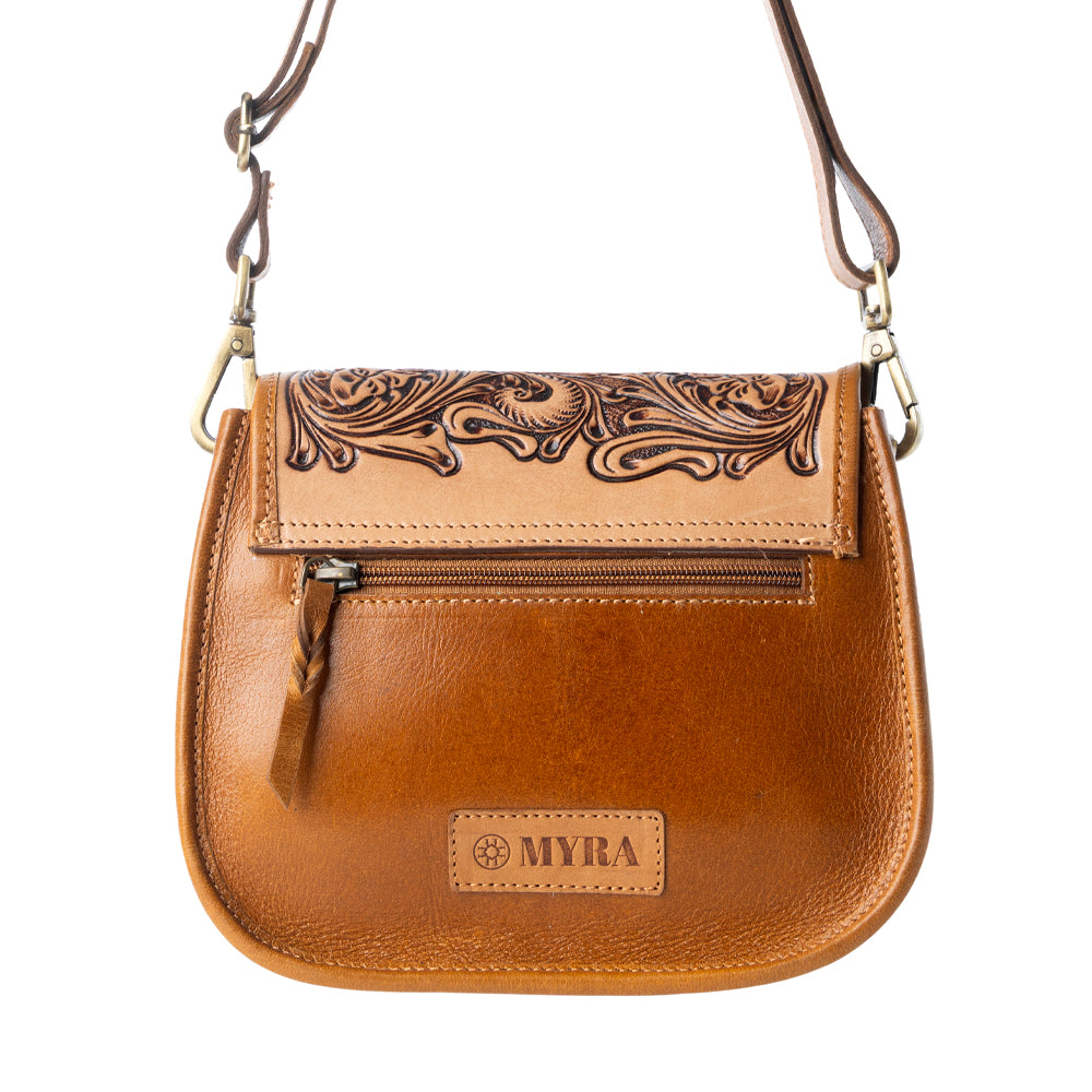Myra Goldrush Saddle handtooled Bag for Women in saddle tan with hair-on detail Myra USA