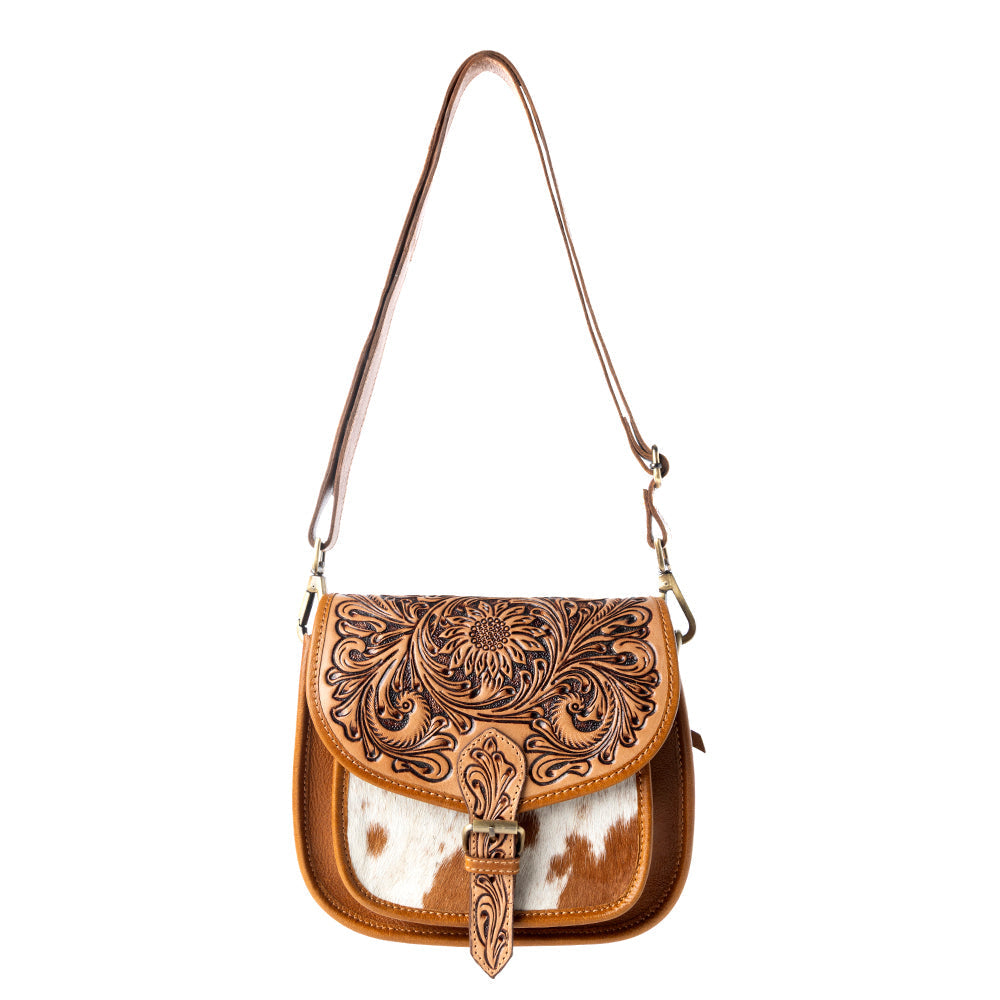 Myra Goldrush Saddle handtooled Bag for Women in saddle tan with hair-on detail Myra USA